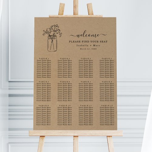 Rustic Mason Jar  Flowers Wedding Seating Chart Foam Board
