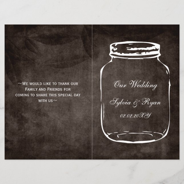 rustic mason jar folded Wedding program (Front)