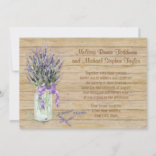 Rustic Mason Jar French Lavender Bouquet Wedding Invitation