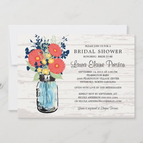 Rustic Mason Jar Gerber Daisies Bridal Shower Invitation