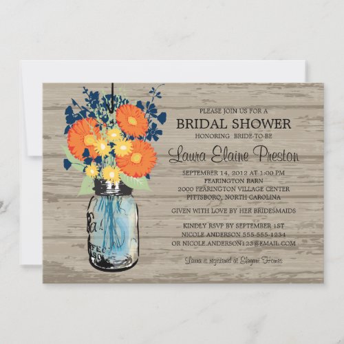 Rustic Mason Jar Gerber Daisies Bridal Shower Invitation