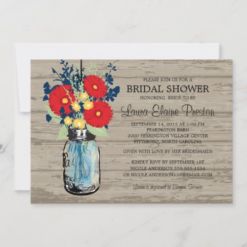 Rustic Mason Jar Gerber Daisies Bridal Shower Custom Invitations