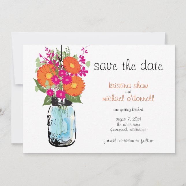 Rustic Mason Jar Gerber Daisies Save the Date (Front)