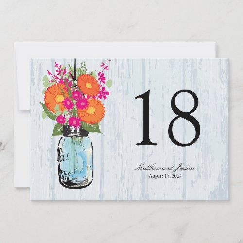 Rustic Mason Jar Gerber Daisies Table Number Personalized Invite