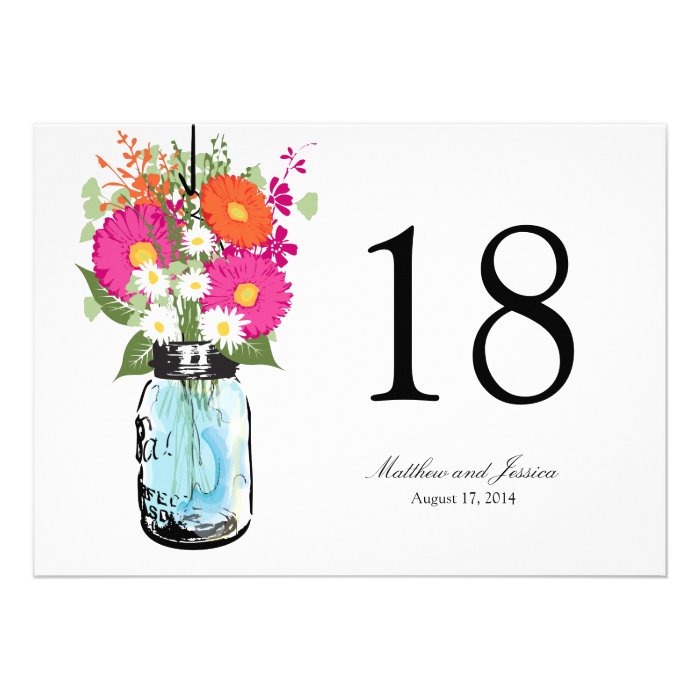 Rustic Mason Jar Gerber Daisies Table Number Cards