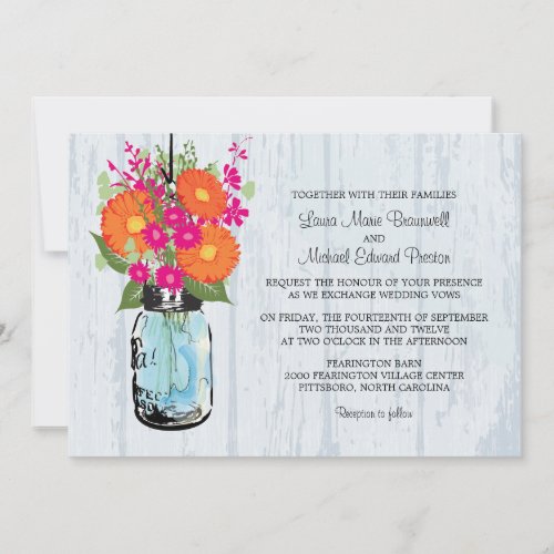 Rustic Mason Jar &amp; Gerber Daisies Wedding Custom Invites