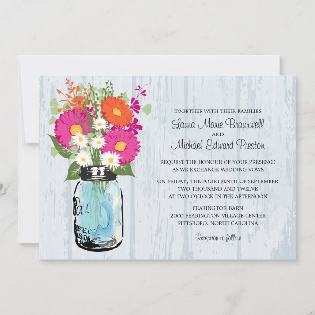 Rustic Mason Jar & Gerbera Daisies Wedding Invitation (Front)