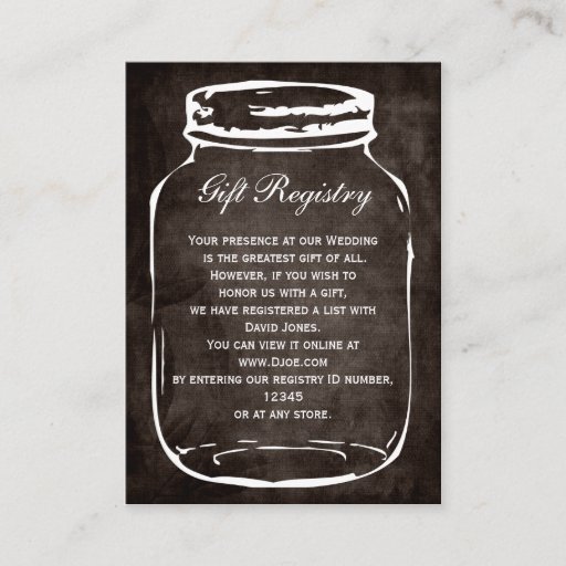 Customizable rustic mason jar Gift registry  Cards Business Card