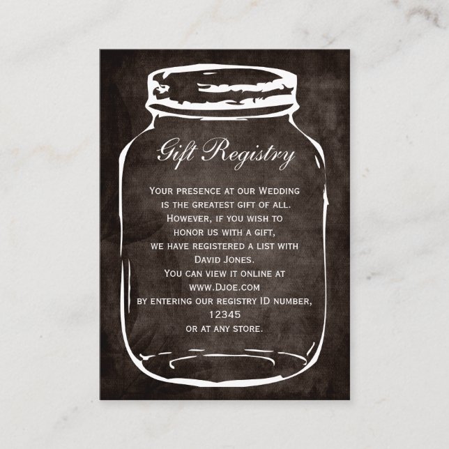 rustic mason jar Gift registry  Cards (Front)