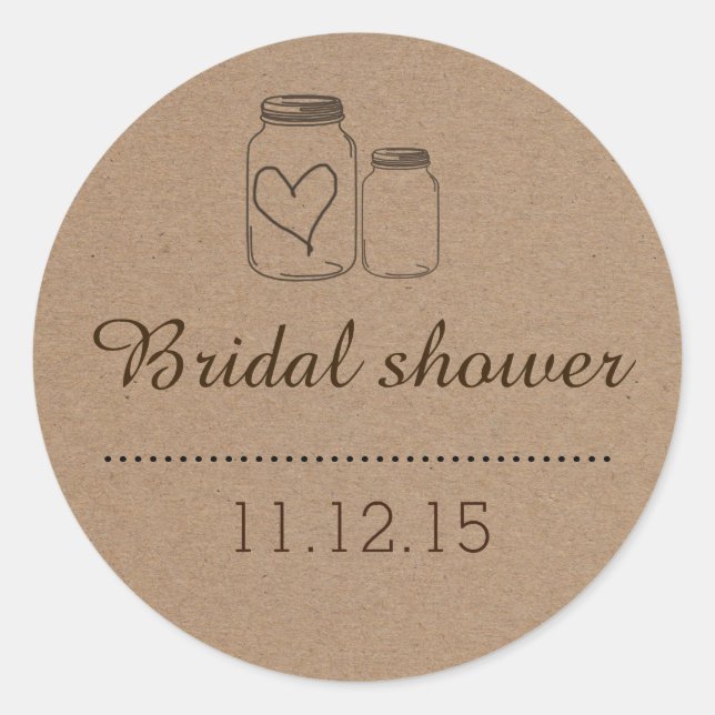 Rustic Mason Jar| Heart Bridal Shower Classic Round Sticker (Front)