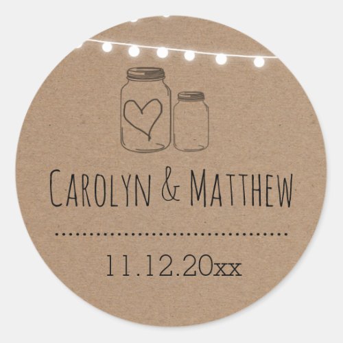 Rustic Mason Jar Heart String Lights Wedding Classic Round Sticker