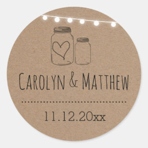Rustic Mason Jar Heart String Lights Wedding Classic Round Sticker
