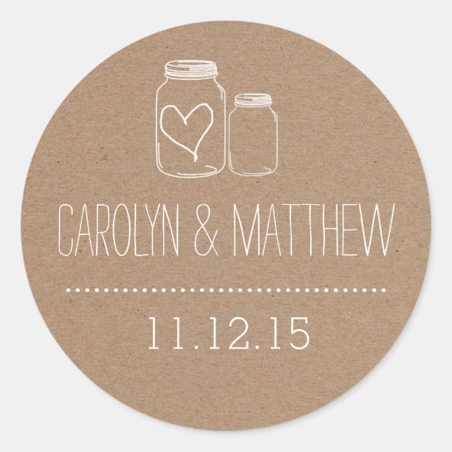Rustic Mason Jar| Heart Wedding Favor Sticker2 Classic Round Sticker (Front)