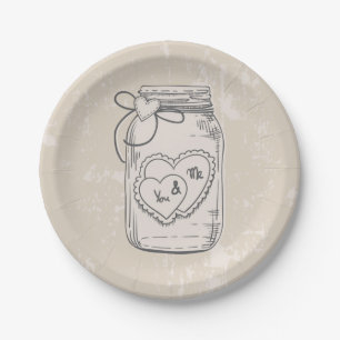 Rustic Mason Jar Hearts Tan Brown Wedding Paper Plates