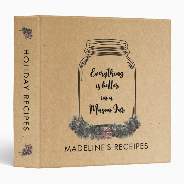 Rustic Mason Jar Holiday Greenery Kitchen Recipe 3 Ring Binder (Front/Spine)