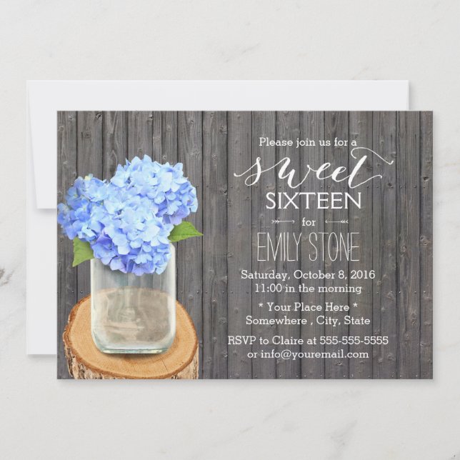 Rustic Mason Jar Hydrangea Barn Wood Sweet 16 Invitation (Front)