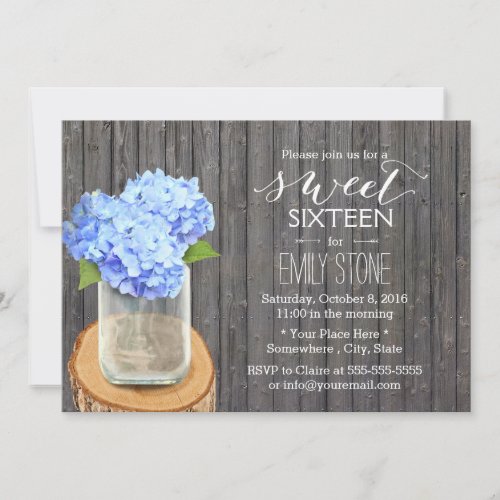 Rustic Mason Jar Hydrangea Barn Wood Sweet 16 5x7 Paper Invitation Card