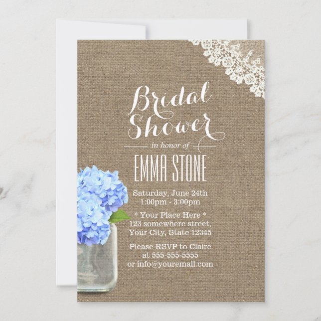 Rustic Mason Jar Hydrangea Burlap Bridal Shower Invitation (Front)