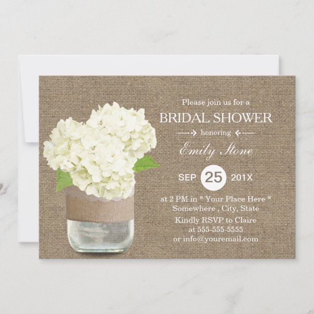 Rustic Mason Jar & Hydrangea Burlap Bridal Shower Invitation (Front)