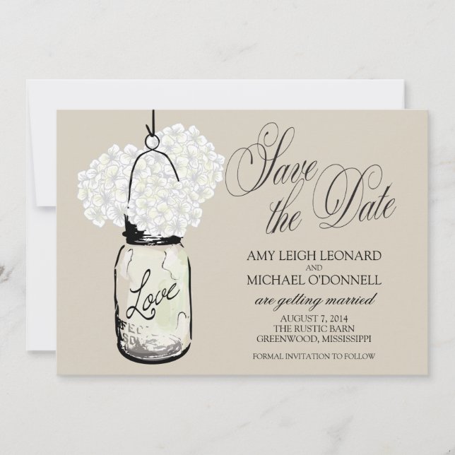 Rustic Mason Jar Hydrangrea Save the Date Invitation (Front)