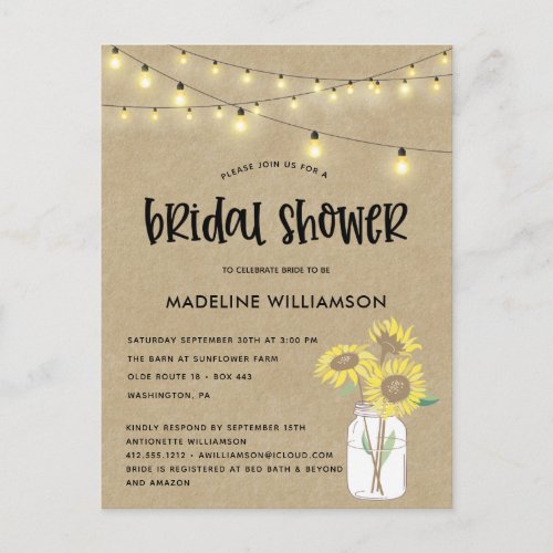 Rustic Mason Jar Kraft  Bridal Shower Invitation Postcard