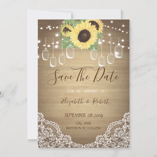 Rustic Mason Jar, Lace,  Sunflowers Save The Date (Front)