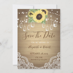 Rustic Mason Jar, Lace, Sunflowers Save The Date