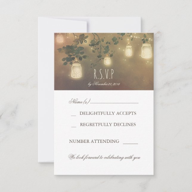 Rustic Mason Jar Light Branches Wedding RSVP Cards (Front)