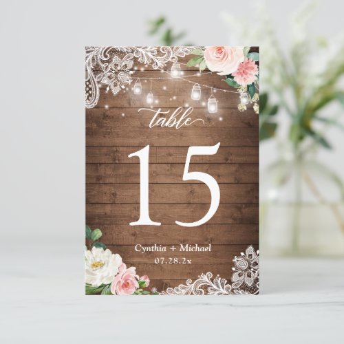 Rustic Mason Jar Light Floral Wedding Table Number