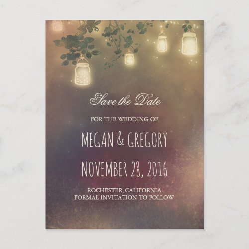 Rustic Mason Jar Lights and Branches Save the Date Announcement Postcard - String lights mason jars and old tree branches country rustic save the date postcards