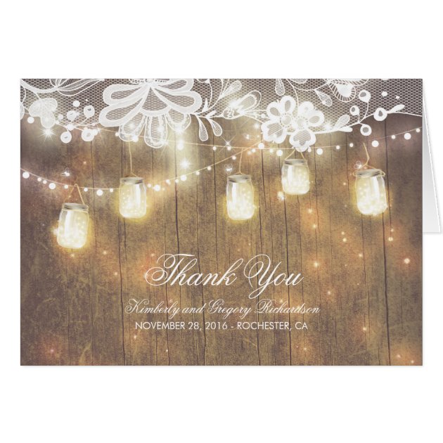 Rustic Mason Jar Lights And Lace Wedding Thank You Card