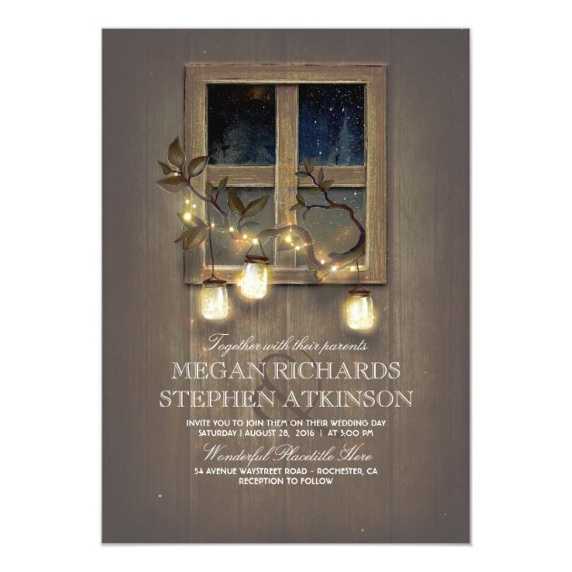 Rustic Mason Jar Lights And Vintage Barn Wedding Invitation