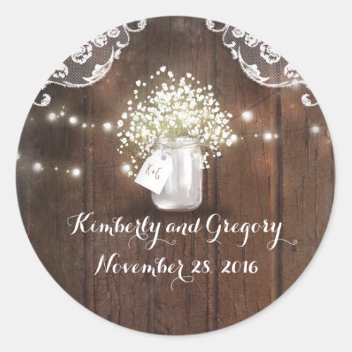 Rustic Mason Jar Lights Babys Breath Wedding Classic Round Sticker