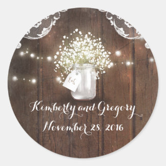 Rustic Mason Jar Lights Baby's Breath Wedding Classic Round Sticker