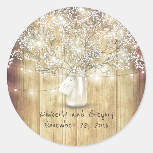 Rustic Mason Jar Lights Babys Breath Wedding Classic Round Sticker