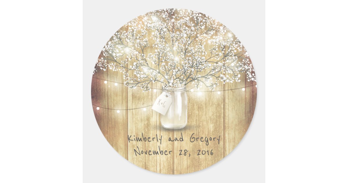 Rustic Mason Jar Lights Baby's Breath Wedding Classic Round Sticker ...