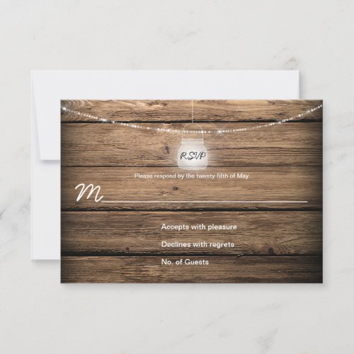 Rustic Mason Jar Lights Barn Wood RSVPs RSVP Card