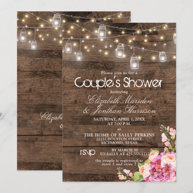Rustic Mason Jar Lights Blush Floral Bridal Shower Invitation (Front/Back)