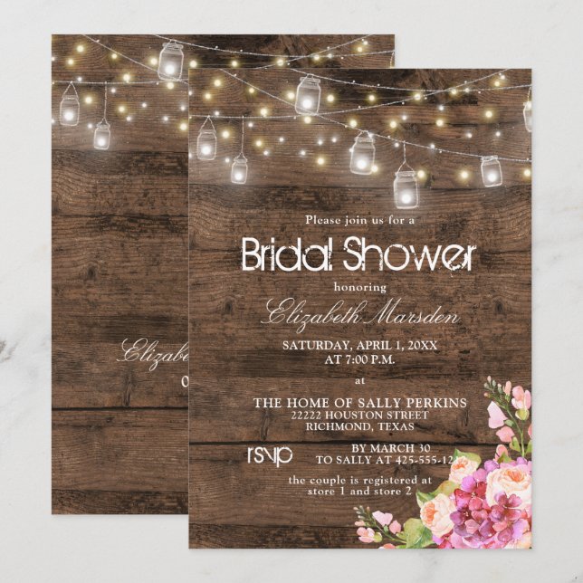 Rustic Mason Jar Lights Blush Floral Bridal Shower Invitation (Front/Back)