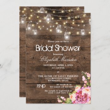 Rustic Mason Jar Lights Blush Floral Bridal Shower Invitation by AboutTheOccasion at Zazzle