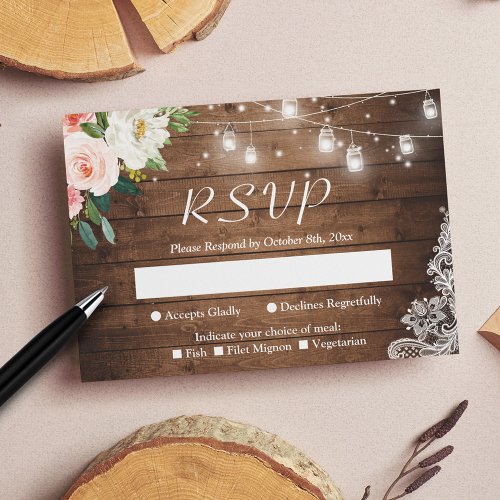 Rustic Mason Jar Lights Blush Floral Lace Wedding RSVP Card