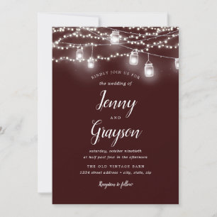 Rustic Mason Jar Lights Burgundy Wedding Invitation