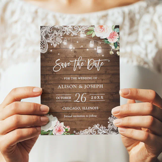 Rustic Mason Jar Lights Floral Lace Save the Date Invitation | Zazzle