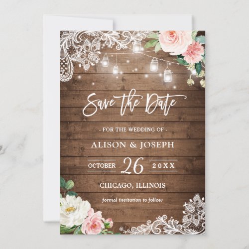 Rustic Mason Jar Lights Floral Lace Save the Date Invitation