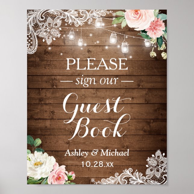 Rustic Mason Jar Lights Floral Lace Sign Guestbook (Front)