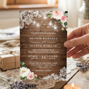 Rustic Mason Jar Lights Floral Lace Wedding Invitation