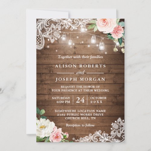 Rustic Mason Jar Lights Floral Lace Wedding Invitation
