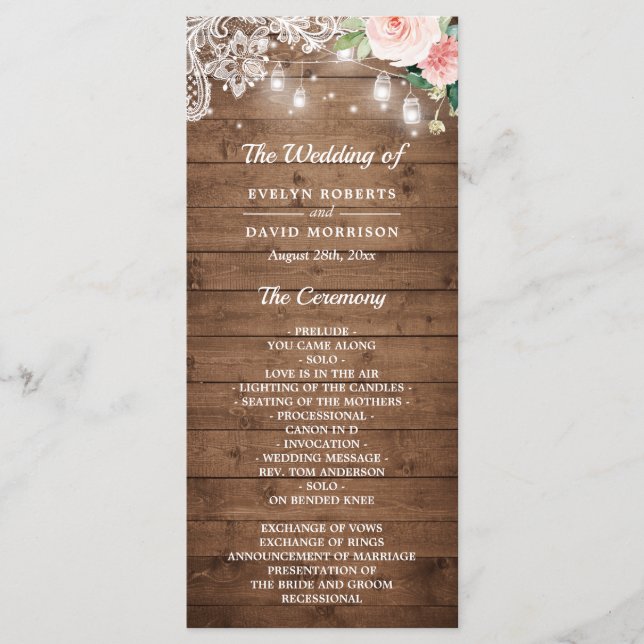 Rustic Mason Jar Lights Floral Lace Wedding Program (Front)