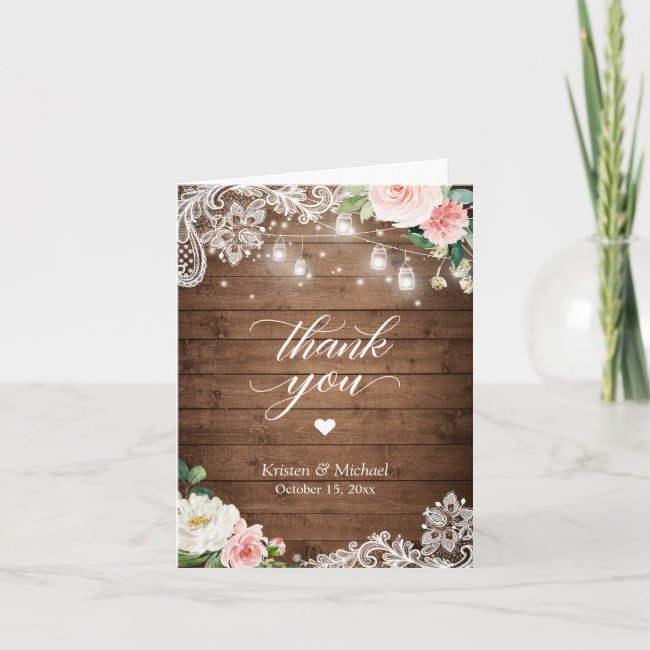 Rustic Mason Jar Lights Floral Lace Wedding Thank You Card