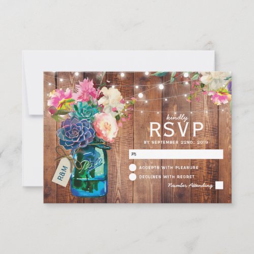 Rustic Mason Jar Lights Floral Wedding RSVP Invitation